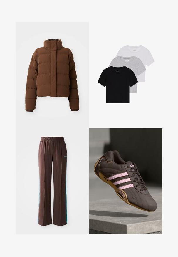 Brown cropped puffer jacket with a high collar, quilted sections, snap-button closures, and ribbed cuffs for added warmth.; Set of three short-sleeve t-shirts in black, gray, and white. Made from cotton, featuring a crew neck and a simple, solid color design.; Brown athletic pants with a ribbed texture, elastic waistband, and turquoise side stripes. Features the adidas logo on the front.; Brown suede athletic shoe with pink stripes and logo, featuring a textured upper, lace closure, and a gum rubber sole.