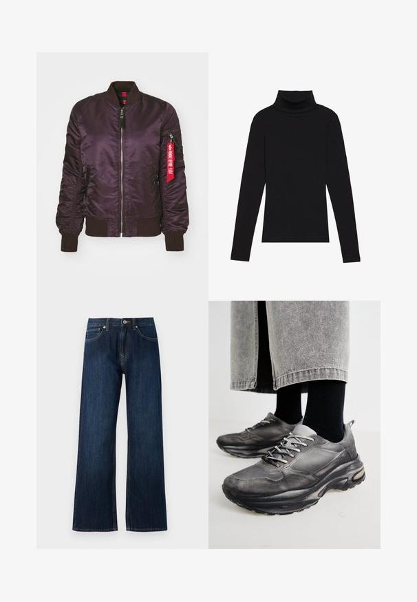 Fioletowa kurtka bombowca o błyszczącej satynowej powierzchni, z prążkowanymi mankietami i kołnierzem, zamkiem błyskawicznym z przodu oraz czerwoną metką na bocznej kieszeni.; Czarna bluzka z długim rękawem i kołnierzem typu stójka, wykonana z prążkowanej tkaniny, charakteryzuje się dopasowanym krojem, wysokim dekoltem oraz brakiem wzorów i zdobień.; Szerokie ciemnoniebieskie dżinsy wykonane z denimu, z zamkiem błyskawicznym, zapięciem na guzik i dwiema przednimi kieszeniami z kontrastującym przeszyciem.; Czarno-szare buty sportowe mają siatkową cholewkę, grube podeszwy i sznurowadła. Mają zaokrąglony nosek i widoczną poduszkę amortyzującą.