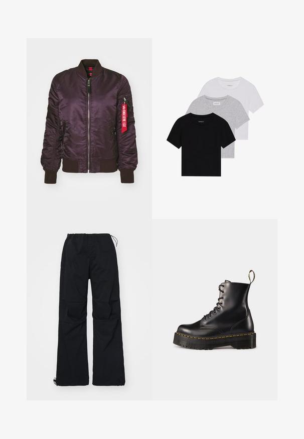 Paarse bomberjack met glanzende satijnen afwerking, ribgebreide mouwen en kraag, voorrits en een rode stoffen label op de zijzak.; Set van drie korte mouwen t-shirts in zwart, grijs en wit. Gemaakt van katoen, met een ronde hals en een eenvoudig, effen kleurontwerp.; Zwarte cargobroek met een elastische tailleband en trekkoord, twee zijzakken en een wijdere pasvorm. Gemaakt van duurzaam materiaal.; Zwarte leren veterschoenen tot de enkel met een robuuste zwarte zool en gele stiksels. Kenmerkend zijn de trekloop aan de achterkant en de ronde metalen oogjes.