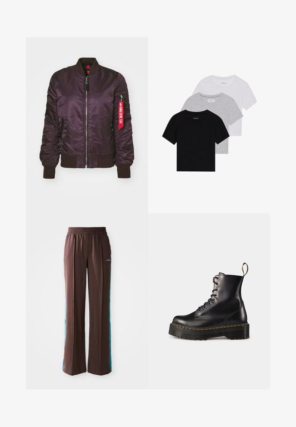 Violeta bumbiera jakas ar spīdīgu satīna apdari, riboti aproces un apkakle, priekšējais rāvējslēdzis un sarkans auduma birks sānu kabatā.; Trīs īsām piedurknēm T-krekli melnā, pelēkā un baltā krāsā. Izgatavoti no kokvilnas, ar apaļu kakla izgriezumu un vienkāršu, viendabīgu krāsas dizainu.; Brūni sporta bikses ar ribotu faktūru, elastīgu jostasvietu un tirkīza sānu svītrām. Priekšpusē ir adidas logo.; Melnas ādas lakotās potītes ar masīvu melnu zoli un dzelteno šuvju. Izvērsta cilpa aizmugurē un apaļie metāla acu caurumi.