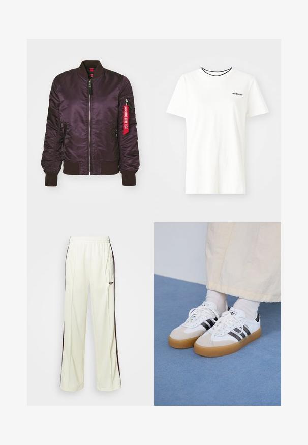 Ibolya színű bombázó dzseki fényes selyemfényű kivitelben, bordás mandzsettákkal és gallérral, elülső cipzárral, valamint egy piros szövet címkével az oldalzsebnél.; Fehér pamut póló rövid ujjakkal és kerek nyakkivágással. A mellkason egy fekete Adidas logó található, valamint kontrasztos fekete belső gallér.; Krémszínű, laza szabású melegítőnadrág, sötétbarna oldalsávokkal és hímzett logóval a bal combon.; Fehér sportcipő fekete csíkokkal és bézs velúr részletekkel. Texturált gumi talppal és lapos fehér fűzőkkel rendelkezik, világos színű zoknival viselve.
