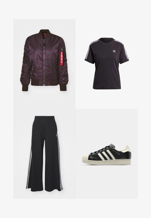 Purple bomber jacket with shiny satin finish, ribbed cuffs and collar, front zipper, and red fabric tag on side pocket.; Black cotton short-sleeve t-shirt with round neck, featuring white stripes on shoulders and a small white Adidas logo on the chest.; Black wide-leg sweatpants with an elastic waistband, featuring white side stripes and an embroidered logo on the left thigh.; Black leather sneaker with white stripes, rubber toe cap, black laces, and a cream-colored outsole. Smooth texture with shiny finish.