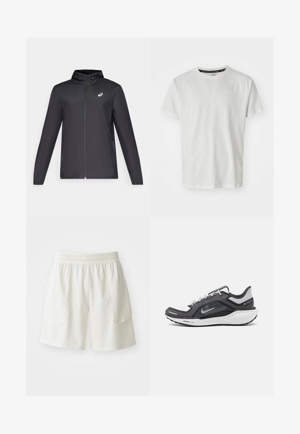 Black lightweight jacket with a hood, front zipper, long sleeves, and a small logo on the chest. Smooth, water-resistant fabric.; ASICS GAME - Basic T-shirt - cream; ASICS MATCH SHORT - Sports shorts - cream; Black and gray athletic shoe with a mesh upper, reflective accents, and a white midsole. Features textured rubber outsole and laces.