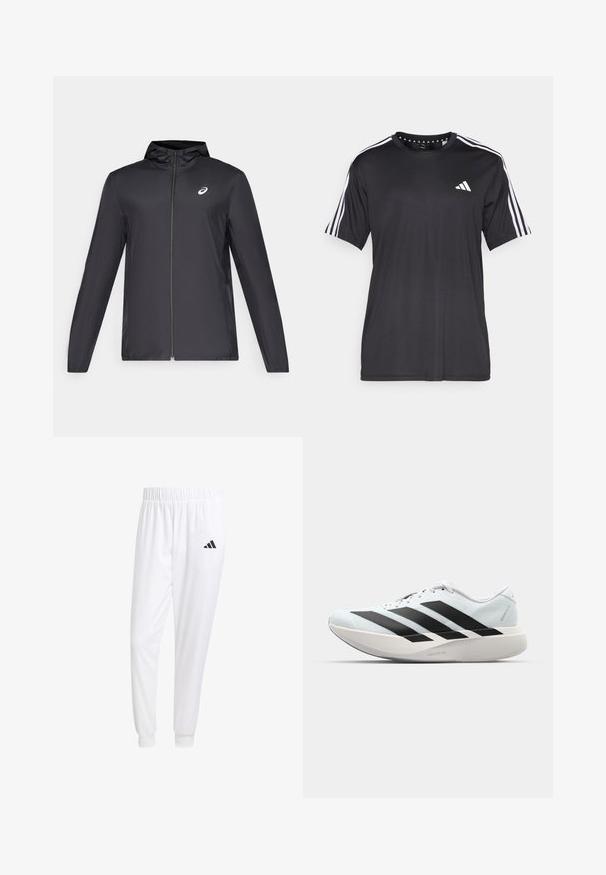 Veste légère noire avec capuche, fermeture éclair sur le devant, manches longues et petit logo sur la poitrine. Tissu lisse et résistant à l'eau.; T-shirt noir à manches courtes avec un design à trois bandes blanches sur les épaules et un logo sur la poitrine. Fabriqué en tissu respirant, texture lisse.; Pantalons de sport blancs en tissu lisse, dotés d'une taille élastique et de poignets ajustés, avec un logo noir sur la poche arrière.; Baskets de course légères en bleu pâle avec des rayures noires. Elles présentent un dessus lisse, un embout rond et une semelle intermédiaire blanche épaisse étiquetée "LIGHTSTRIKE PRO".