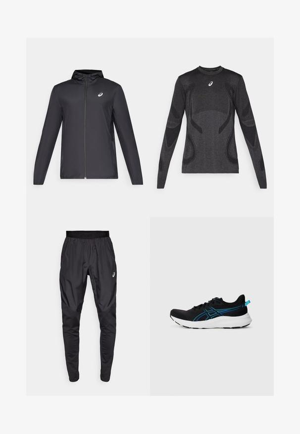 Casaco leve preto com capuz, fecho frontal, mangas longas e um pequeno logotipo no peito. Tecido suave e resistente à água.; Camisa desportiva de mangas longas em cinza escuro, com detalhes texturizados em cinza mais claro. Gola redonda com logótipo no peito.; Calças atléticas pretas com uma cintura elástica, bolsos laterais e painéis de textura contrastante nas pernas. Logo da Asics no quadril.; Sapatilha atlética preta com parte superior em malha respirável, detalhes em azul, sola branca almofadada e superfície texturizada para aderência. Apresenta atacadores e aba no calcanhar.