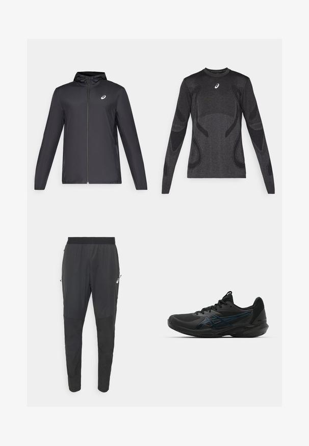 Veste légère noire avec capuche, fermeture éclair sur le devant, manches longues et petit logo sur la poitrine. Tissu lisse et résistant à l'eau.; Haut de sport à manches longues en gris foncé, avec des accents de design texturé en gris clair. Encolure ronde avec logo sur la poitrine.; Pantalons de sport noirs en matériau léger et résistant à l'eau, avec un design tapered, une taille élastique et des poches latérales zippées.; ASICS SOLUTION SPEED FF 3 CLAY - Chaussures de tennis pour terre-battueerre battue - black/prism blue