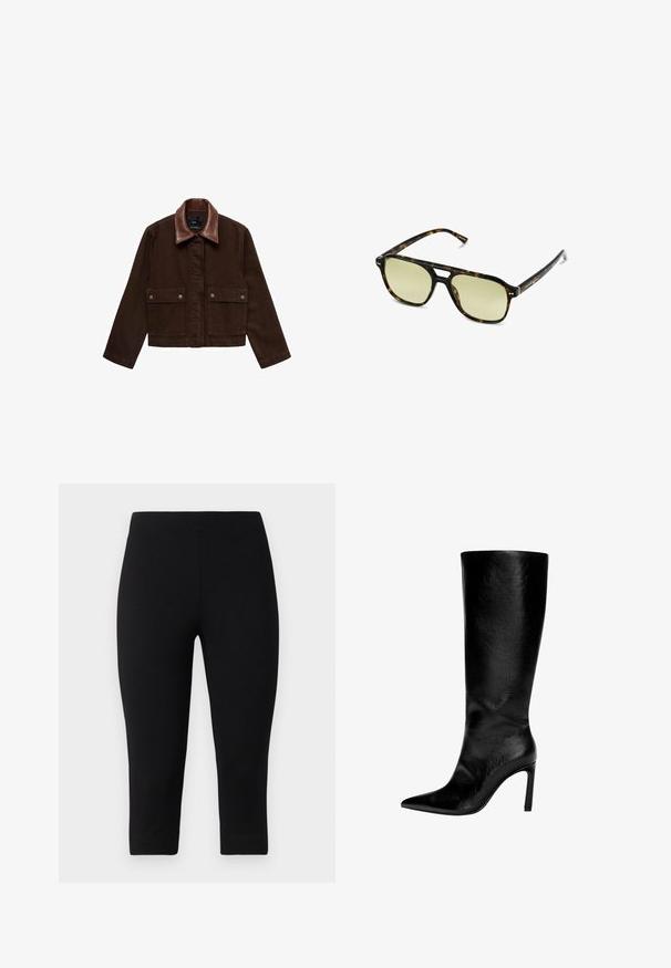 Veste en denim marron avec un col en cuir marron, des poches avant et des fermetures à boutons-pression. Design court et ajusté avec un minimum de détails.; T-shirt noir à manches courtes en tissu lisse. Il présente un col rond et une coupe décontractée avec un ourlet droit.; Leggings capri noirs en tissu extensible, offrant une coupe ajustée et une texture lisse, sans motifs ni accents visibles.; Botte en cuir noir montée jusqu'au genou, avec un bout pointu, un talon aiguille haut, une finition lisse et un design simple et épuré sans ornements.; Lunettes de soleil écaille de tortue avec une forme rectangulaire, des verres teintés de vert et des montures en acétate à motifs. Présente des accents en métal près des verres.; Sac à main en cuir rouge avec un design structuré, doté d'une poignée supérieure, d'une texture lisse et d'un système de fermeture à rabat. Forme simple et moderne.