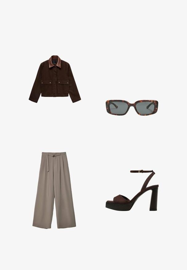 Hnedá džínsová bunda s hnedým koženým golierom, prednými vreckami a upínaním na cvoky. Krátky, priliehavý strih s minimálnym zdobením.; Hnedé tričko s krátkym rukávom vyrobené z jemného materiálu, s okrúhlym výstrihom a voľným strihom. Žiadne viditeľné vzory ani akcenty.; Široké nohavice v jemnej, tlmenej šedej tkanine, s opaskom v pase a vreckami pre dodatočný dizajnový detail. Hladký povrch, bez vzorov.; Hnedé semišové sandále na vysokom podpätku s otvorenou špičkou, nastaviteľným členkovým remienkom a pruhovanou platformovou podrážkou.; Rámiky slnečných okuliarov v štýle korytnačiny s obdĺžnikovými šošovkami, hrubými rámami a tmavými tónovanými šošovkami. Hladký povrch a minimalistický dizajn.