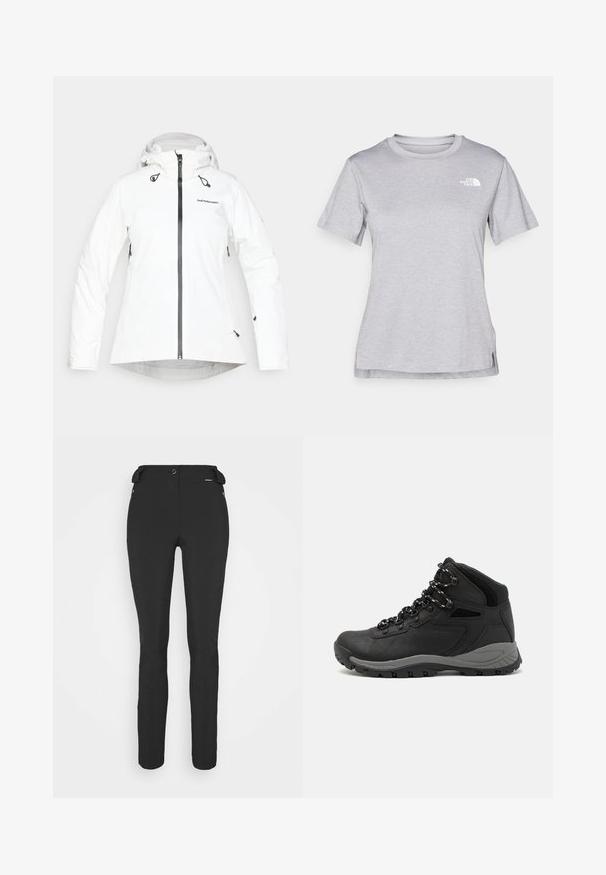 Veste imperméable blanche avec capuche, fermeture éclair à l'avant et cordons de serrage ajustables. Dotée de quincaillerie et d'un logo noir. Texture lisse.; T-shirt gris à manches courtes fabriqué en tissu doux et évacuant l'humidité. Il présente un col rond et un petit logo blanc en haut à gauche.; Pantalons noirs ajustés en matériau flexible. Les caractéristiques comprennent une poche latérale zippée, des genoux articulés et une texture lisse.; Botte de randonnée noire au design mi-haut, avec un dessus texturé, des accents gris et une semelle en caoutchouc durable avec des crampons de traction.