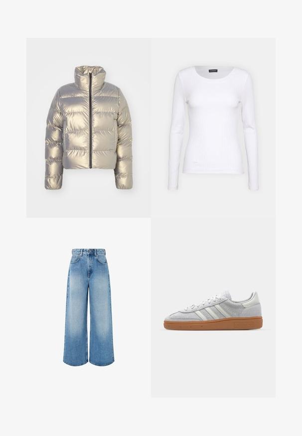 Metalinis sidabrinis pūkuotas švarkas, trumpas dizainas, aukštas apykaklė, priekinis užtrauktukas, siuvinėta tekstūra su horizontaliomis siūlėmis, elastingi rankogaliai.; Balta, raukšlėta ilgarankovė palaidinė su apvalia iškirpte. Pagaminta iš elastingos medžiagos, kuri prisitaiko prie kūno. Pasipuošusi subtiliomis horizontaliosiomis linijomis.; Šviesiai mėlynos plačios kojų džinsinės kelnės, pagamintos iš džinsinio audinio, su aukštu liemeniu, mygtukų užsegimu ir subtiliu išblukimu, turinčiu švarius apdailos kraštus.; Šviesiai pilki zomšiniai sportbačiai su baltais odiniais akcentais, trimis baltomis juostelėmis ir rudą guminę pada, turintys paminkštintą apykaklę patogumui.