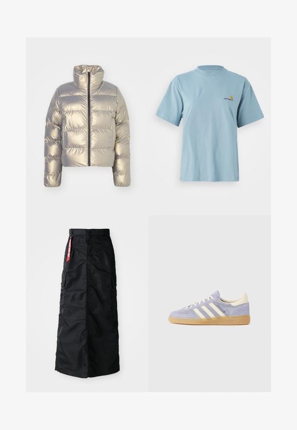 Μεταλλική ασημί φουσκωτή τζάκετ, κοντή σχεδίαση, ψηλός γιακάς, μπροστινός φερμουάρ, τετράγωνη υφή με οριζόντιες ραφές, ελαστικές μανσέτες.; Γαλάζιο κοντομάνικο βαμβακερό t-shirt με στρογγυλή λαιμόκοψη και μικρό λογότυπο Carhartt σε κίτρινο και κόκκινο χρώμα στην αριστερή πλευρά του στήθους.; Μαύρη μακριά φούστα με κουμπιά και φερμουάρ μπροστά, πλαϊνές τσέπες cargo και κόκκινη ετικέτα «Αφαιρέστε Πριν την Πτήση» στη ζώνη.; Μωβ σουέτ αθλητικά παπούτσια με τρεις λευκές ρίγες, καουτσούκ σόλα από γόμα και κρεμ λεπτομέρειες στη φτέρνα και τη γλώσσα. Μινιμαλιστικός σχεδιασμός με λεπτομέρεια λογότυπου.