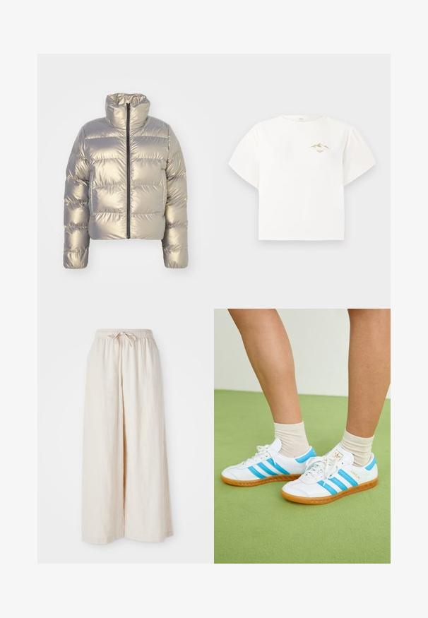 Metalen zilveren pufferjack, cropped ontwerp, hoge kraag, ritssluiting aan de voorkant, geborduurd textuur met horizontale naden, elastische manchetten.; Witte t-shirt met korte mouwen, gemaakt van katoen, met een kleine gouden bergafbeelding op de borst en een losse, boxy pasvorm.; Brede, crèmekleurige broek met een elastische tailleband en een trekkoord. Glad, lichtgewicht linnen stof, zonder zichtbare patronen of hardware.; Witte sneakers met lichtblauwe strepen, rubberen zool en vetersluiting. Voorzien van gouden branding en een gladde leerachtige textuur.