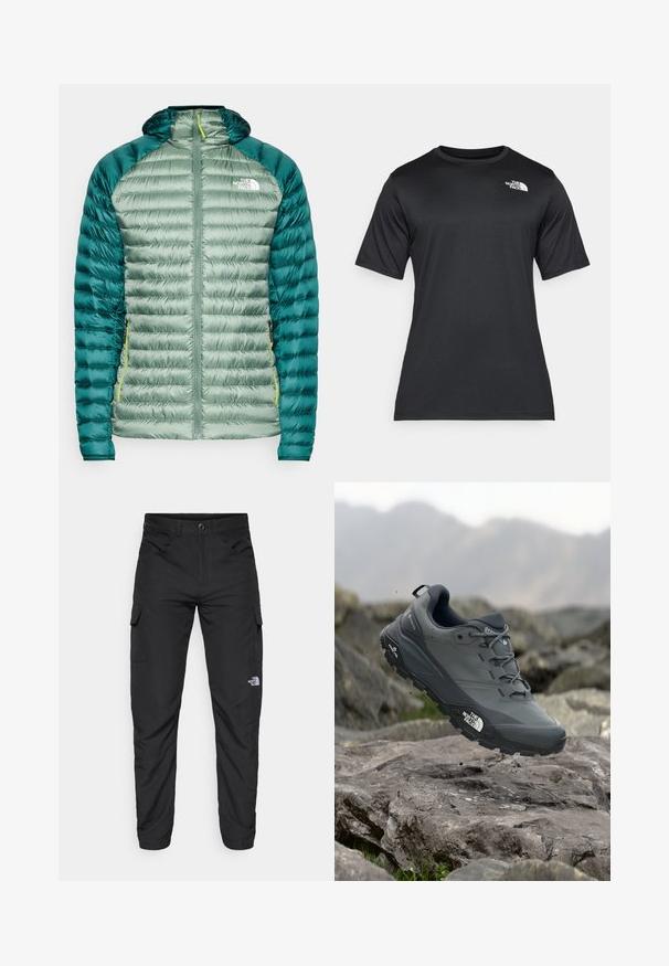 Žalias pūkinis džemperis su gaubtu. Ypatybės: siuvinėta dizaino, lygus paviršius ir kontrastingi tamsiai žali rankoviai. Įtrauktas priekinis užtrauktukas ir logo ant krūtinės.; Juoda trumpų rankovių marškinėliai, pagaminti iš lengvos, drėgmę praleidžiančios medžiagos. Viršuje kairėje krūtinės pusėje yra balta logotipo etiketė, o apykaklė yra klasikinio stiliaus.; The North Face HORIZON PANT - Lauko kelnės - black; Pilkas bėgimo batelis su tekstūruota viršutine dalimi, tvirtu guminio pado ir sustiprinta nosimi. Turi raištelius ir prekės ženklo logotipą šone.