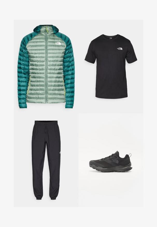 Zelená páperová bunda s kapucňou. Má prešívaný dizajn, hladký povrch a kontrastné tmavozelené rukávy. Obsahuje predný zips a logo na hrudi.; Čierne tričko s krátkym rukávom vyrobené z bavlny, s okrúhlym výstrihom a malým bielym logom na hornej ľavej strane hrude.; Čierne športové nohavice vyrobené z ľahkej tkaniny, s elastickým pásom na šnurovanie, bočnými vreckami a zúženými manžetami na členkoch.; Čierna športová obuv s vrchnou časťou z jemnej sieťoviny, gumovou podrážkou a polstrovaným golierom. Obsahuje šnúrky, logo na strane a textúrovaný dizajn.