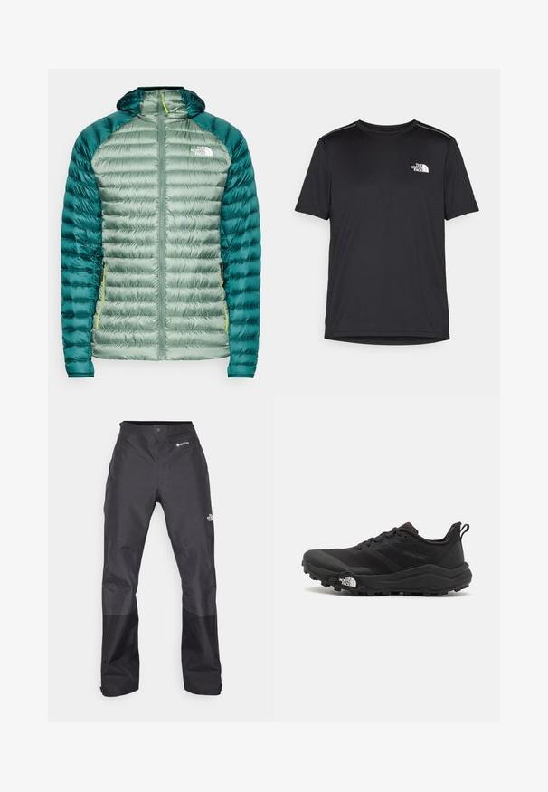 Zelena zimska jakna s kapuljačom. Ima kvadratasti uzorak, glatku vanjsku površinu i kontrastne tamnozelene rukave. Sadrži prednji zip i logo na prsima.; Crna majica kratkih rukava izrađena od lagane tkanine. Ima mali bijeli logo na lijevoj strani grudi i suptilne naglaske na ramenima.; Crne vodootporne hlače s glatkom teksturom, s GORE-TEX logotipom sprijeda i ojačanim donjim dijelovima nogavica za izdržljivost.; Crne trail trkačke cipele s teksturiranim gornjim dijelom, gumeni potplat i ojačana zaštita za prste. Imaju podstavljen ovratnik i trakicu za lakše obuvanje.