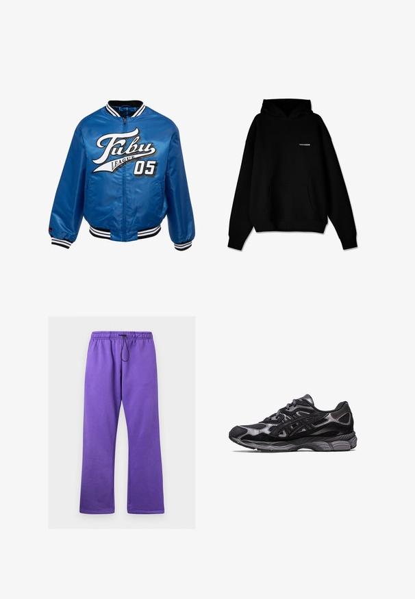 Modrá saténová bomber bunda s čierno-biele ribbovanými manžetami, s výrazným bielym a čiernym logom "Fubu League 05" na prednej strane.; Čierna mikina s kapucňou a predným vreckom, so malým bielym logom "PEGADOR" na hrudi, vystavená na bielom pozadí.; Fialové tepláky s šnúrkou v páse, vyrobené z mäkkej látky. Majú voľný strih a rovné nohavice bez vreciek.; Čierne športové topánky s vrchom z priedušnej sieťoviny a semišu, s textúrovaným dizajnom a robustnou, polstrovanou sivou podrážkou.