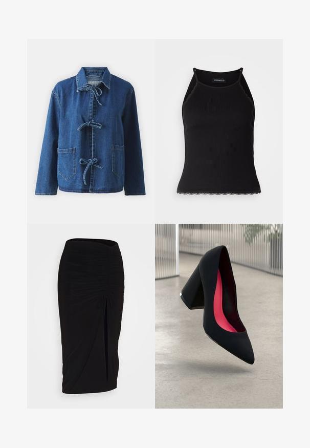 Denim jacket in dark blue with a relaxed fit, featuring a spread collar, tie closures, and two front patch pockets.; Black ribbed tank top with scalloped lace trim at the hem. Features thin straps and a fitted design. Made from stretchable fabric.; Black, ruched pencil skirt with tie detail and a side slit. Made from a stretchy fabric, featuring a smooth texture and form-fitting design.; Black high-heeled shoe with a pointed toe and a textured upper. Interior features bright pink lining. Square heel with metallic accent at the base.