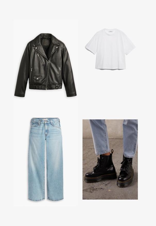 Juoda odinė motociklo striukė su trumpu dizainu, plačiomis apykaklėmis, keliais užtrauktukais, o taip pat subtiliu blizgesiu. Su diržu juosmenyje.; Balta medvilninė marškinėliai su trumpomis rankovėmis, apvaliu iškirpimu, laisvu siluetu ir be matomų raštų ar grafikų. Lygus paviršius ir paprastas dizainas.; Šviesiai mėlynų džinsų plačiomis kojomis, pagamintų iš džinsinio audinio, su aukštu liemeniu, mygtukų užtrauktuku ir nupjautais kraštais. Matomi siūlai ir kišenės.; Juodos odinės kulkšninių botai su masyviu padu, apvaliu pirštu, raišteliais juostele, geltonomis siūlėmis ir kilpeliu nugarinėje pusėje.