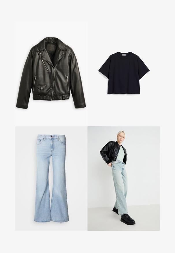 Fekete bőr motoros dzseki rövidített fazonnal, széles hajtókákkal, több cipzáras zsebbel és finom fényességgel. Derékon övvel rendelkezik.; Sötétkék, rövid ujjú póló, puha pamutból készült, laza szabással, kerek nyakrésszel és minimalista dizájnnal. Nincsenek látható minták vagy díszítések.; Világoskék szárban bővülő farmer, magasan kialakított derékkal, farmeranyagból, öt zsebbel és gombos záródással. A nadrágszárak szélesek és enyhén kifakult hatásúak.; Fekete bőrdzseki, mentazöld ing, világoskék széles szárú farmernadrág és fekete fűzős cipő, minimalista háttér előtt.