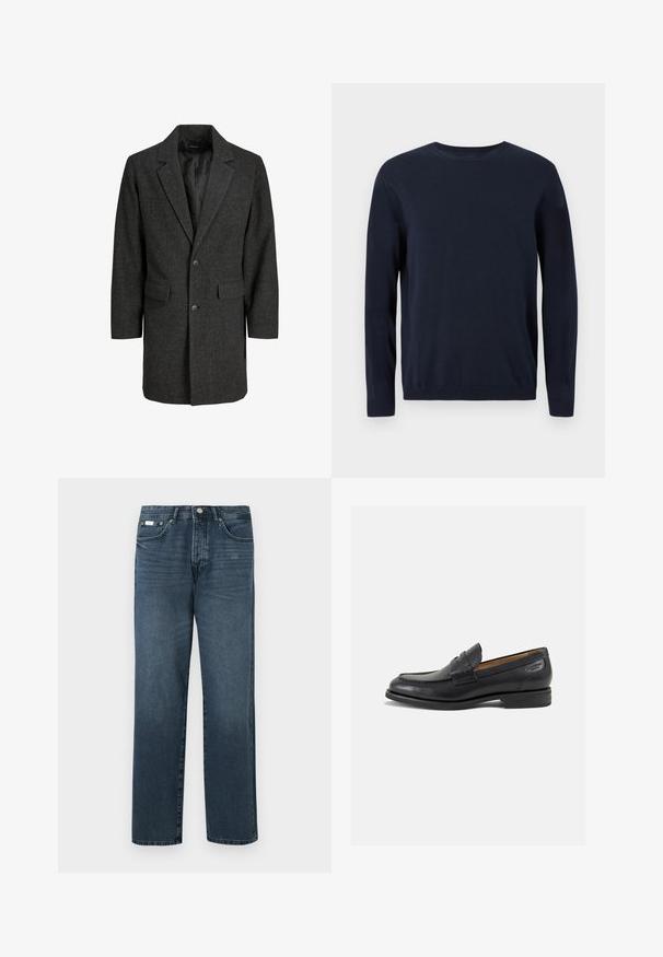 Sivý kabát v herringbone vzoru s klopovým límcem, zapínáním na jeden knoflík, dvěma předními kapsami a podšívkou. Klasický, upravený střih.; Námořnický modrý pletený svetr s dlouhými rukávy, kulatým výstřihem a ribbovanými manžetami a lemem. Má malé logo na hrudi.; Tmavě modré džínové kalhoty se straight fit, pěti kapsami, poutky na opasek a zipovým zapínáním. Hladká textura s jemnými detaily vyblednutí.; Černé kožené mokasíny s hladkým povrchem, zaoblenou špičkou a dekorativním prošíváním na svršku. Nízký podpatka a mírný lesk.