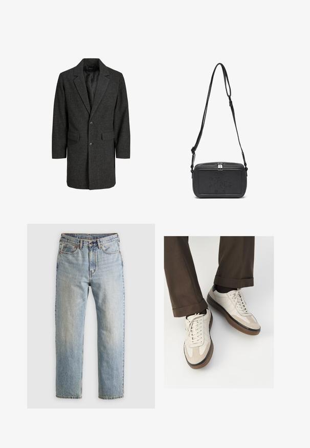 Manteau en chevron gris avec un col cranté, fermeture à un bouton, deux poches avant et une doublure intérieure. Coupe classique et ajustée.; T-shirt en coton bourgogne avec un col rond, des manches courtes et un imprimé graphique blanc sur la poitrine gauche. Texture lisse et coupe décontractée.; Jean en denim bleu clair à taille haute, avec bouton avant, fermeture éclair et design à cinq poches, posé à plat sur un fond neutre.; Baskets beiges avec un devant en suède texturé, côtés en cuir lisse et semelle en caoutchouc brun. Lacets et détails de couture légère inclus.; Sac bandoulière en cuir noir avec une fermeture éclair, logo embossé à l'avant et une sangle réglable. Texture lisse avec une forme rectangulaire.