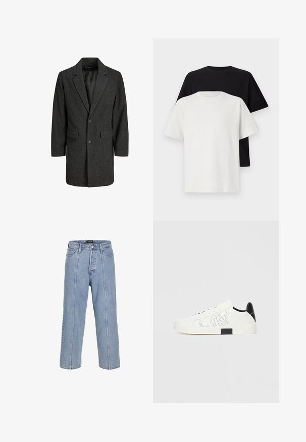 Pilkas hegzvyno paltas su įpjovimu apykakle, vienu sagos užsegimu, dviem priekinėmis kišenėmis ir pamuštu vidumi. Klasikinis, pritaikytas kirpimas.; Medvilniniai marškiniai, kuriuos sudaro juodas ir baltas marškinėliai, abu su trumpomis rankovėmis, apvaliu iškirpimu ir standartiniu sijonu. Tekstūruota medžiaga.; Šviesiai mėlynos džinsinės kelnės su laisvu siluetu, plačiomis kojomis ir matomomis siuvimo detalėmis. Turi mygtuką ir užtrauktuką, taip pat penkias kišenes.; Balti sportbačiai su perforuotu dizainu, juoda kulno akcentu ir balta guma. Yra raišteliai ir logotipas šone. Lygus odos paviršius.