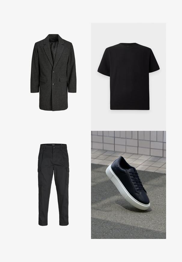 Gray herringbone coat with a notched collar, single button closure, two front pockets, and a lined interior. Classic, tailored fit.; Black short-sleeve T-shirt made of textured fabric, featuring a round neckline and a relaxed fit. Simple, no patterns or accents.; Black cargo pants made of sturdy fabric, featuring multiple pockets, a button closure, and a slim fit design with tapered legs.; Black leather sneaker with rounded toe and white rubber sole. Features flat laces and minimal stitching on the upper. Textured sole for grip.