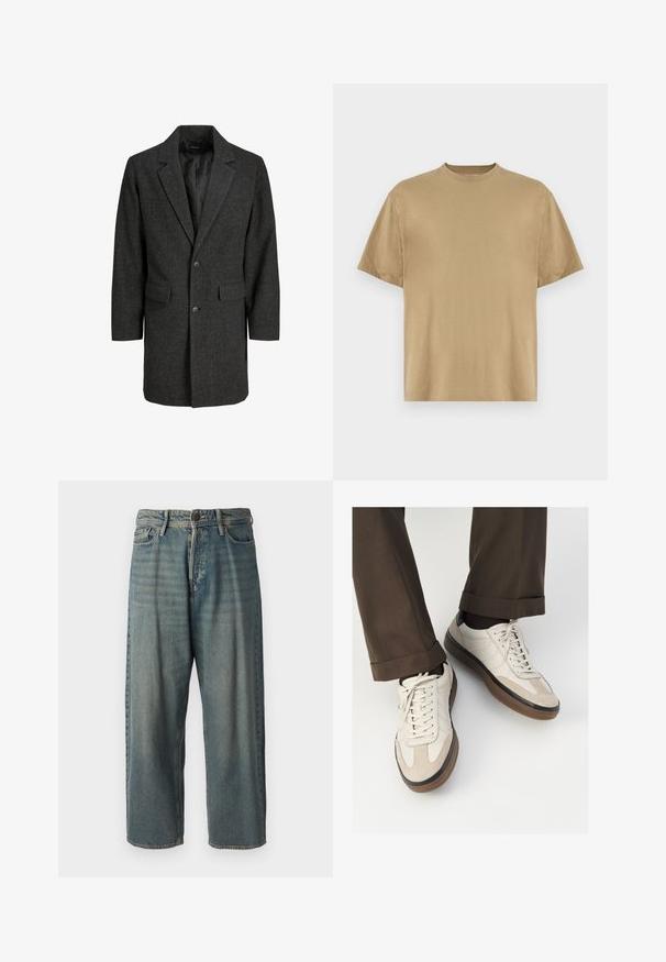 Gray herringbone coat with a notched collar, single button closure, two front pockets, and a lined interior. Classic, tailored fit.; Khaki short-sleeve T-shirt made of soft fabric, featuring a round neckline and a relaxed fit. No patterns or graphics are visible.; Light blue denim jeans with a loose fit, mid-rise waist, and straight legs. Features five pockets, belt loops, and a button closure.; Beige sneakers with a textured suede front, smooth leather sides, and a brown rubber sole. Laces and light stitching detail included.