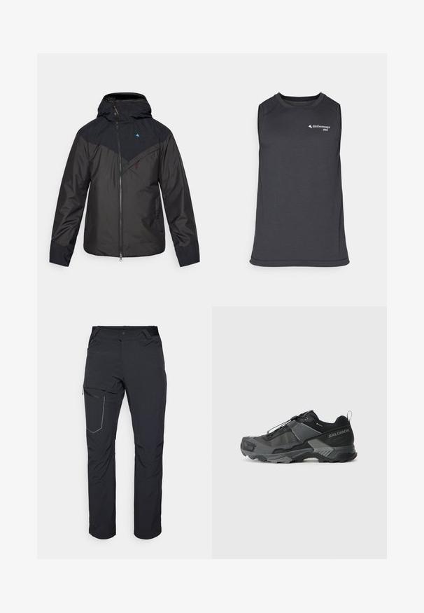 Fekete vízálló dzseki kapucnival, teljes hosszúságú cipzárral, átlós színblokkolással és logóval a bal felső mellrészen.; Ujjatlan, sötétszürke sportpóló, amely textúrált anyagból készült, környakú, és elöl egy kis logó díszítés található.; Fekete kültéri nadrág, cipzáras combzsebbel, rugalmas derékrésszel és sima, vízlepergető szövettel. Tiszta dizájn, látható logók nélkül.; Fekete terepfutó cipő tartós hálós felsőrésszel, megerősített orr résszel, texturált gumitalppal és rugalmas fűzőrendszerrel a biztonságos illeszkedés érdekében.