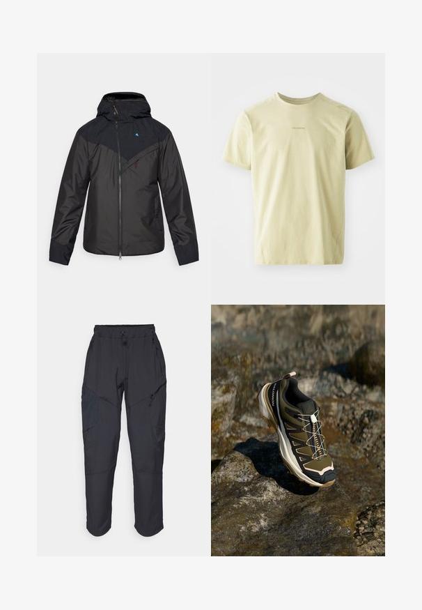 Veste imperméable noire avec capuche, dotée d'une fermeture éclair sur le devant, d'un design en blocs de couleurs diagonaux et d'un logo sur le haut à gauche de la poitrine.; Salomon TRACKLINE TEE - T-shirt de sport - gray green; Pantalons cargo noirs en matériau léger et résistant à l'eau ; dotés d'une taille élastique, de plusieurs poches zippées et de jambes fuselées.; Chaussure de randonnée en vert olive et noir avec des accents roses. Elle présente un dessus texturé, une semelle flexible, une coque avant renforcée et un système de laçage coloré.