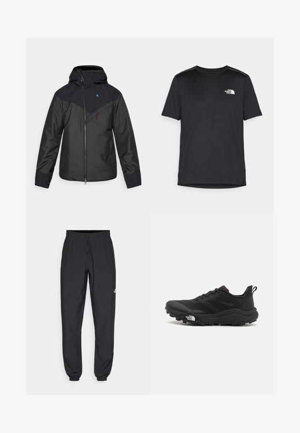 Black waterproof jacket with a hood, featuring a full front zipper, diagonal color block design, and logo on the upper left chest.; Black short-sleeve T-shirt made from lightweight fabric. Features a small white logo on the left chest and subtle shoulder accents.; Black athletic pants made from lightweight fabric, featuring a drawstring waistband, side pockets, and tapered cuffs at the ankles.; Black trail running shoe with a textured upper, rubber sole, and reinforced toe cap. Features a padded collar and pull tab for easy wear.