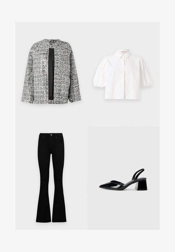 Black and silver woven jacket with a round neck, open front, and three-quarter sleeves. Textured fabric with a shimmering finish.; White collared shirt with short puff sleeves, button-down front, and smooth fabric texture. Straight hem with no visible patterns or accents.; Black high-waist jeans with a button and zip closure, front pockets, and flared legs laid flat on a white background.; Black patent leather slingback heels with a pointed toe and a geometric block heel. Features a sleek, minimal design and smooth texture.