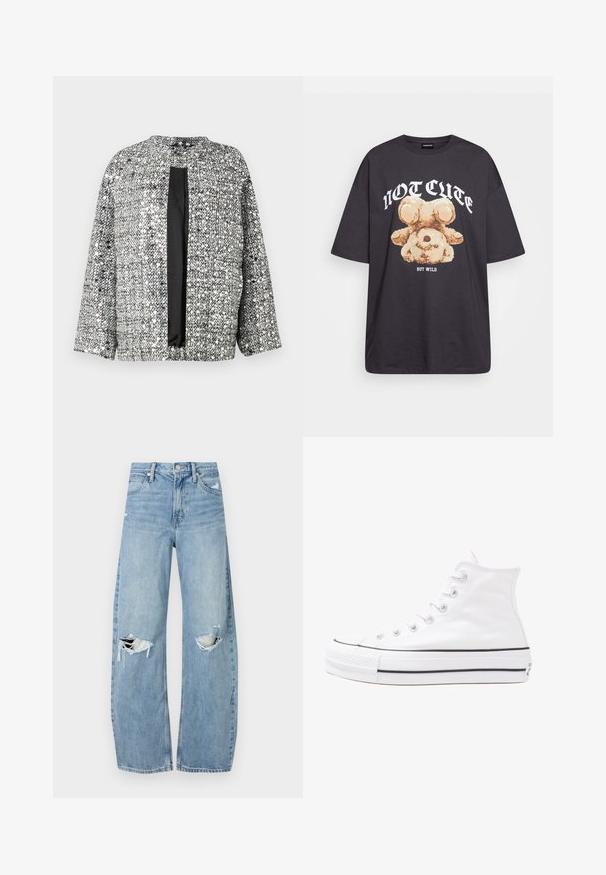 Crna i srebrna tkanina upletena jakna s okruglim izrezom, otvorenim prednjim dijelom i rukavima do tri četvrtine. Tekstura tkanine s sjajnim završetkom.; Crna oversized majica s grafikom medvjeda i natpisom "NIJE SLATKO, ALI DIVLJE" u podebljanim, bijelim slovima. Pamuk.; Svijetloplave, visoko-strukirane traperice. Imaju široke nogavice, dva razderana područja na koljenima i klasičan stil s pet džepova.; Bijela visoka platnena tenisica s crnom gumenom potplatom, prednjim gumenim zaštitnikom prstiju i šest rupa za vezanje, s čistim, minimalističkim dizajnom.