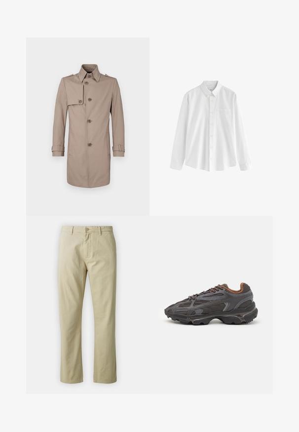Beżowy trench coat z podwójnym zapięciem, wyraźnym kołnierzem i paskami przy mankietach. Posiada dwie boczne kieszenie i brązowe guziki.; Biała koszula z długim rękawem wykonana z bawełny, z kołnierzykiem zapinanym na guziki, jedną kieszonką na piersi i swobodnym krojem. Posiada małe guziki na przodzie.; Beżowe bawełniane spodnie o prostym kroju, z zapięciem na guzik z przodu i paskiem. Gładka tekstura, bez widocznych wzorów czy akcentów.; Sneakers Lacoste w ciemnoszarym kolorze, wykonane z siateczki i materiału syntetycznego, z teksturowaną podeszwą oraz brązowymi akcentami na kołnierzu i logotypie.