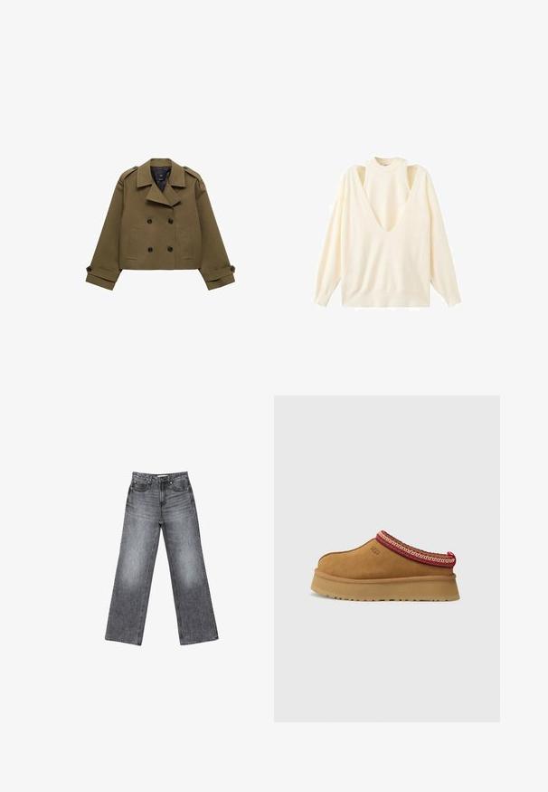 Oliwkowa, krótka, dwurzędowa kurtka z wykładanym kołnierzem, czarnymi guzikami i dwoma przednimi kieszeniami; ma wyraźnie zarysowane ramiona i mankiety.; Kremowa bluzka z długim rękawem, z głębokim dekoltem w kształcie litery V oraz wycięciami na ramionach. Miękka tkanina w luźnym kroju, z prążkowanym dekoltem i mankietami.; Szerokie nogawki ciemnoszare dżinsy z wyblakłym wykończeniem, pięć kieszeni, zapięcie na guzik oraz subtelne detale stębnowania wzdłuż szwów.; Brązowy zamszowy but wsuwany z czerwono-kremowym ozdobnym wykończeniem, teksturowaną podeszwą i logo UGG z boku. Posiada lekko podwyższone podłoże.