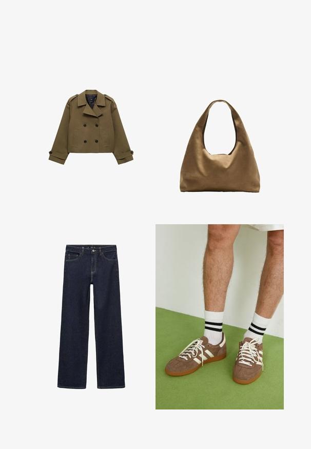 Olive zelena skrajšana dvoredna jakna z izrezanim ovratnikom, črnimi gumbi in dvema sprednjima žepoma; ima strukturirane rame in manšete.; Bela bombažna majica brez rokavov s kroglasto izrezom in prilegajočim krojem. Gladka tekstura, enostavna zasnova in minimalne šivanske podrobnosti.; Temne oprane jeans hlače z sproščenim krojem. Imajo visok pas, pet žepov in kontrastno šivanje. Naravnan kroj nog, brez okrasnih elementov.; Rjavi semiš športni čevlji z belimi detajli in vezalkami. Gumijast podplat. Nošeni z belimi nogavicami z črnimi črtami. Zelena teksturirana talna obloga.; Brahna torba preko rame iz rjave tkanine s širokim, zaobljenim tijelom i velikim izrezanim ručkom. Meka tekstura, minimalistički dizajn i bez vidljivih metalnih dijelova.