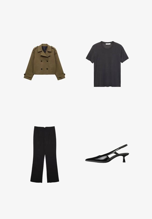 Maslinasto zelena skraćena dvoredna jakna s oštrim ovratnikom, crnim gumbima i dva prednja džepa; sadrži strukturirana ramena i manšete.; Crna majica s okruglim izrezom napravljena od mekanog pamuka. Kratki rukavi, opušteni kroj i ravni rub bez ukrasnih elemenata ili uzoraka.; Crne hlače ravnog kroja, s prednjim džepovima i bočnim prorezima na rubu. Izrađene od mekog i glatkog materijala. Pogodne za razne prigode.; Crne lakirane natikače na remenčić sa špicastim nosom, dizajnom sa izrezima sa strane i malim kvadratnim potplatom. Glatka tekstura s minimalnim akcentima.