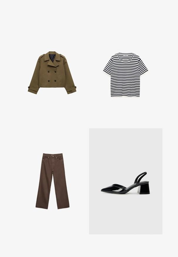 Maslinasto zelena skraćena dvoredna jakna s oštrim ovratnikom, crnim gumbima i dva prednja džepa; sadrži strukturirana ramena i manšete.; Prugasta majica od pamuka s mornarskoplavim i bijelim horizontalnim prugama, ima okrugli izrez i kratke rukave. Glatka tekstura.; Proširene smeđe traperice od denima, s visokim strukom, prednjim džepovima i klasičnom kopčom na dugme. Glatka tekstura s suptilnim šavovima.; Crne lakirane kožne sandale s otvorenom petom i špicastim vrhom, s geometrijskom blok petom. Imaju elegantan, minimalistički dizajn i glatku teksturu.