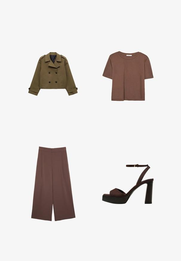 Olivengrøn, cropped, dobbeltradet jakke med klippet krave, sorte knapper og to forlommer; har strukturerede skuldre og manchetter.; Brun kortærmet t-shirt lavet af blødt stof, med rund halsudskæring og afslappet pasform. Ingen synlige mønstre eller detaljer.; Brune bredbunde bukser med en glat tekstur, der har høj talje og plisseringer foran. Stoffet er let og falder løst.; Brune ruskinds højhælede sandal med åben tå, justerbar ankelrem og en stribet plade sål.