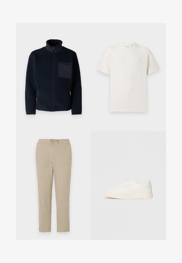 Only & Sons ONSDALLAS JACKET - Fleece jacket - dark navy; White short-sleeve T-shirt in a ribbed texture. Round neckline, relaxed fit, no visible patterns or accents. Simple and versatile design.; Beige lounge pants with an elastic waistband and drawstring, featuring a straight leg design and soft, smooth texture.; White slip-on sneakers with a textured surface, a thick sole, and minimalistic design. Features brand logo on the side.