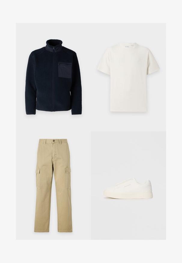 Only & Sons ONSDALLAS JACKET - Jachetă din fleece - dark navy; Tricou alb cu maneci scurte, dintr-un material ribbed. Guler rotund, croi lejer, fără modele sau accente vizibile. Design simplu și versatil.; Pantaloni cargo bej din bumbac, cu două buzunare laterale, închidere cu nasture și picioare drepte dintr-un material ușor texturat.; Tenisi albi slip-on cu o suprafață texturată, talpă groasă și un design minimalist. Prezintă logo-ul brandului pe lateral.