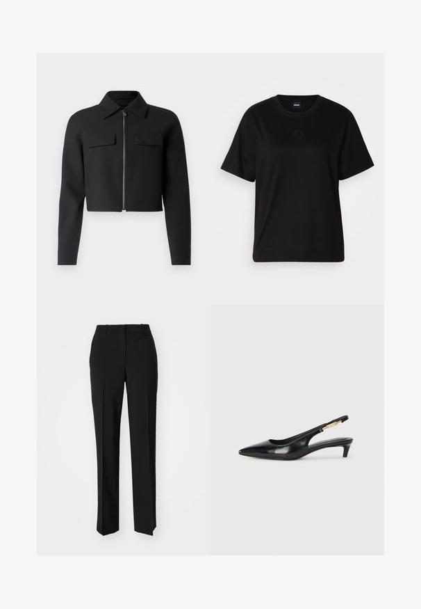 Black cropped jacket with a zip front, long sleeves, and two chest pockets; made from smooth, textured fabric.; Black cotton t-shirt with a crew neckline, short sleeves, and an embroidered logo on the chest. Simple, relaxed fit with no patterns.; Black tailored trousers with a straight-leg design, featuring a smooth texture and crisp creases along the front. No visible hardware.; Black leather slingback heels with a pointed toe, featuring a slim heel and a gold-tone accent on the adjustable strap. Smooth texture.