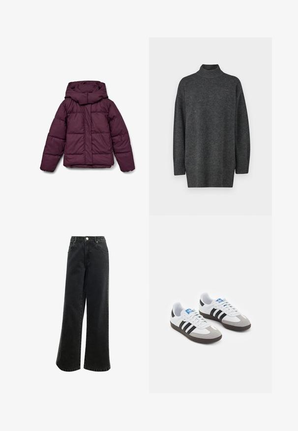 Bordowa pikowana kurtka puchowa z dużym kapturem, z przeszyciami i elastycznymi mankietami. Z przodu znajduje się zamek błyskawiczny na całej długości i boczne wstawki.; Ciemnoszary, oversize sweter z golfem wykonany z miękkiego, dzianinowego materiału, z długimi rękawami i prążkowanym wykończeniem; gładka faktura, minimalistyczny design.; Czarne dżinsy o wysokim stanie i szerokich nogawkach, z zapięciem na guzik, pięcioma kieszeniami oraz małym haftowanym logo z przodu. Tkanina o fakturze.; Buty sportowe z białą skórzaną cholewką, szarym zamszowym noskiem i trzema czarnymi paskami. Posiadają niebieskie logo na języku oraz teksturowaną gumową podeszwę.