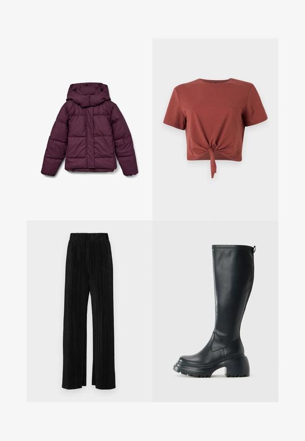 Bordeauxfarvet puffert jakke med en stor hætte, der har et quiltet design og elastiske manchetter. Fronten har en full-length lynlås og sidelommer.; Rostfarvet cropped t-shirt i blød bomuld med korte ærmer og knyttet frontdetalje. Glat tekstur, rund halsudskæring.; Sorte plisserede bukser med elastisk talje. Har brede ben og et glat, tekstureret stof med lodrette striber.; Høj sort læderstøvle med kraftig platformssål og blokhæl, med trækstrop og tekstureret sål.