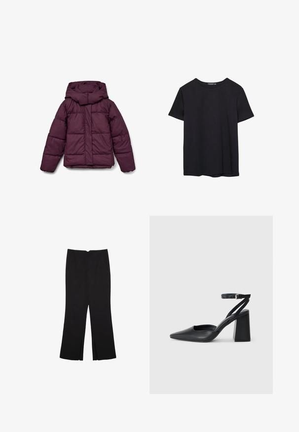 Giacca imbottita color marrone scuro con cappuccio ampio, caratterizzata da un design trapuntato e polsini elastici. La parte anteriore presenta una cerniera lunga e pannelli laterali.; T-shirt nera in cotone a maniche corte con collo a giro, esposta su uno sfondo bianco.; Pantaloni neri a gamba dritta, con tasche frontali e spacchi laterali all'orlo. Realizzati in tessuto morbido e liscio. Adatti a diverse occasioni.; Pump in pelle nera con punta affusolata, cinturino alla caviglia e tacco spesso. Texture piatta, design elegante ed estetica minimalista.