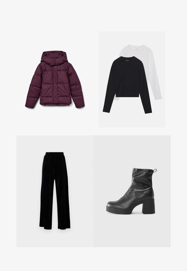 Bordo pernata jakna s velikim kapuljačom, s prošivenim uzorkom i elastičnim manžetama. Sprijeda ima zatvarač preko cijele dužine i bočne panele.; Dvije majice dugih rukava: jedna crna i jedna bijela. Obje imaju okrugli izrez, raglan rukave i mekani pamuk korišten za izradu.; Crne široke hlače od mekanog velura, s elastičnim pojasom i glatkom teksturom, bez vidljivih detalja ili uzoraka.; Crne gležnjače od glatke kože, s bočnim zatvaračem, debelim teksturiranim potplatom i dizajnom s zaobljenim prstima.