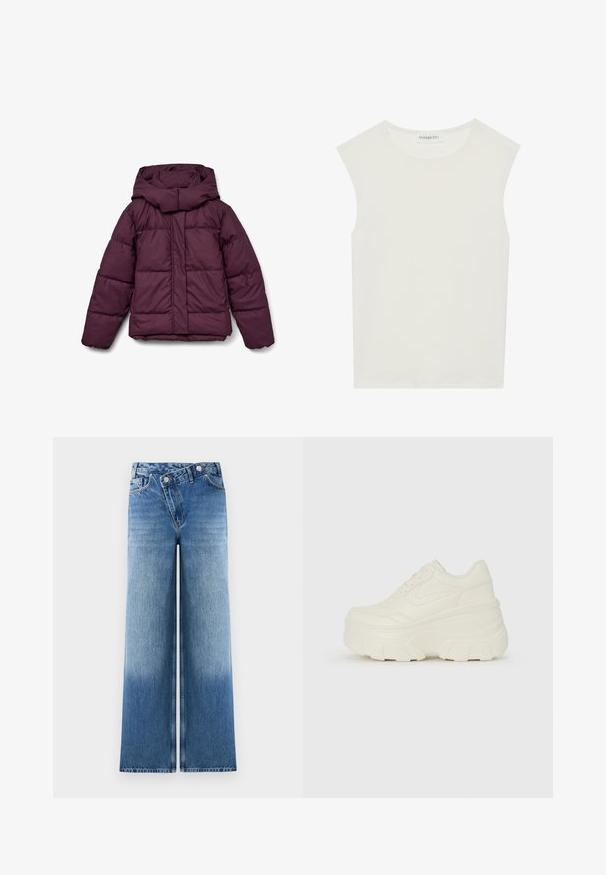 Maroon puffer jacket with a large hood, featuring a quilted design and elastic cuffs. The front has a full-length zipper and side panels.; White sleeveless top with a round neckline. Made of smooth fabric, it features a relaxed fit and minimalist design. No patterns or accents.; Light blue wide-leg jeans with a faded wash, featuring a classic five-pocket design and metal button accents at the waist.; White platform sneakers featuring a smooth leather-like upper, rounded shape, padded collar, and textured rubber sole with defined treads.