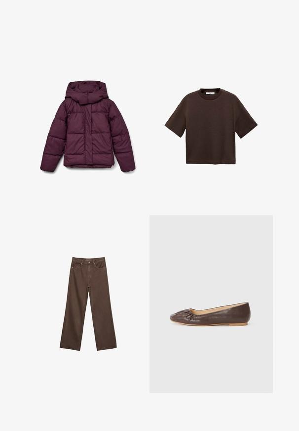 Bordowa pikowana kurtka puchowa z dużym kapturem, z przeszyciami i elastycznymi mankietami. Z przodu znajduje się zamek błyskawiczny na całej długości i boczne wstawki.; Brązowa koszulka z krótkim rękawem, wykonana z miękkiej bawełny. Posiada okrągły dekolt i luźny krój, charakteryzuje się gładką fakturą i brakiem widocznych wzorów.; Szerokie brązowe dżinsy wykonane z denimu, z wysokim stanem, przednimi kieszeniami i klasycznym zapięciem na guzik. Gładka faktura z subtelnym przeszyciem.; Brązowe baleriny ze skóry, z okrągłym noskiem, marszczeniem z przodu i jasną, płaską podeszwą.