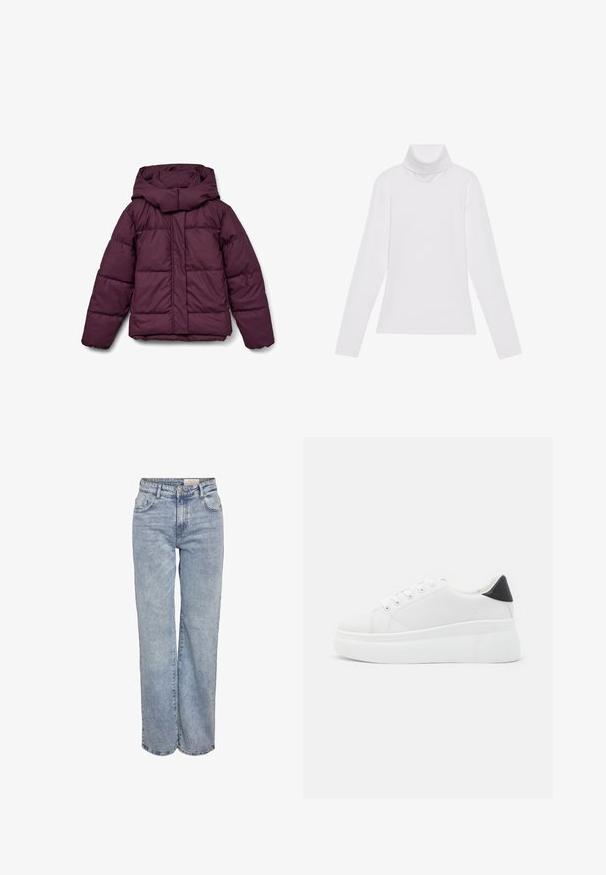 Maroon puffer jacket with a large hood, featuring a quilted design and elastic cuffs. The front has a full-length zipper and side panels.; White long-sleeve turtleneck top made of smooth, stretchy fabric. Features a high collar and fitted design, with no visible patterns or embellishments.; Light blue wide-leg jeans made from denim, featuring a high waist, five-pocket design, and subtle fading for a worn-in look.; White platform sneakers made of smooth synthetic material, featuring a rounded toe, lace-up design, and a textured rubber sole. Black heel accent.