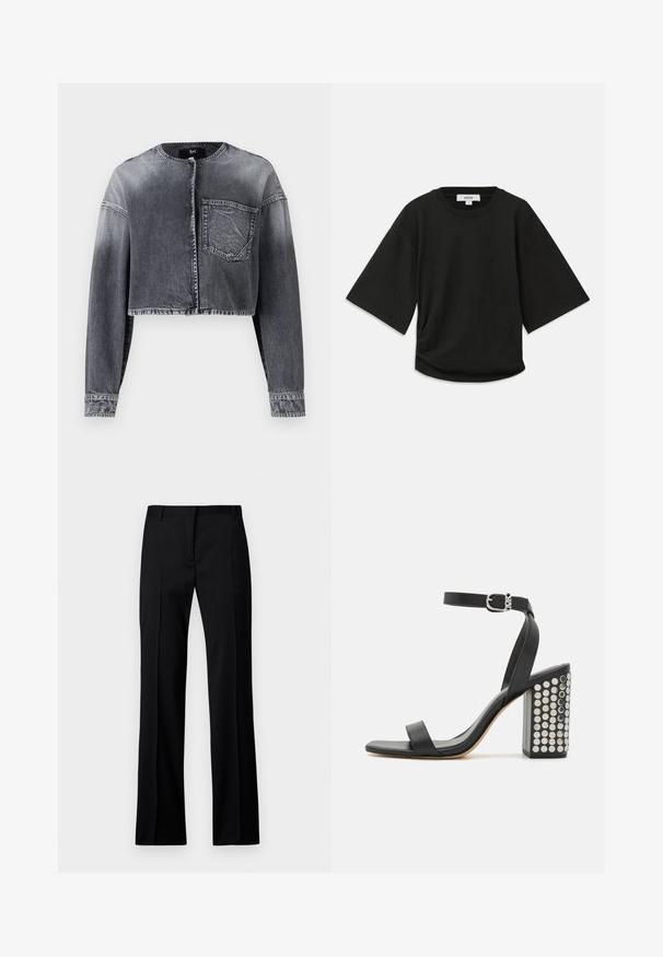 Afskåret denimjakke i falmet sort, med lange ærmer, rund hals, trykknaplukning foran og en enkelt brystlomme.; Sort kortærmet t-shirt lavet af blødt bomuld, med rund halsudskæring og en afslappet pasform med en subtil samlede detalje i siden.; Sorte lige bukser i glat stof med flad front, bæltestropper og uden synlige lommer eller udsmykninger.; Sorte læderhælede sandaler med ankelrem. Har en firkantet tå, glat tekstur og firkantet blokhæle prydet med sølvnitter.